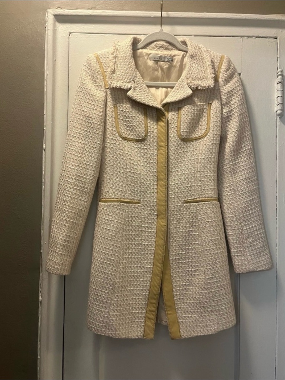 Pinko Cream Tweed Trench Coat with Yellow Trim
